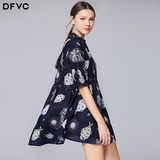 dfvc2016夏季新款女装欧美印花短款A字裙宽松薄款亚麻连衣裙