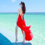 2016夏仙海边度假沙滩裙露背性感修身长裙吊带波西米亚连衣裙红色