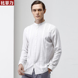 比菲力2016春秋新款冰丝亚麻衬衫男士长袖白衬衣立领纯白色麻衬衫