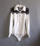 2013秋季女装新款修身长袖连体衬衫拼接蕾丝镂空雪纺衬衣