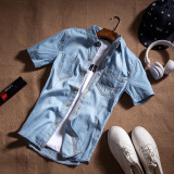 夏季韩版牛仔衬衫男短袖纯棉青年休闲学生大码衬衣男士修身薄款潮