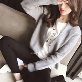 2016秋冬韩版女宽松兔毛短款针织开衫羊绒毛长袖短外套女针织毛衣