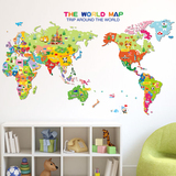 可移除墙贴 卡通动物世界地图 儿童房卧室幼儿园家装饰贴画墙贴纸