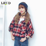 LRUD2016秋新款韩版宽松长袖复古格子衬衫女BF风中长款休闲衬衣