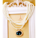 新款甜美气质多层珍珠大宝石挂坠项链韩国时尚夸张衣服吊坠女饰品