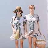 正品促销韩国菠萝印花短袖连衣裙夏季宽松荷叶边短裙时尚闺蜜装
