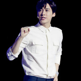 李易峰同款韩版男士长袖亚麻小领衬衫修身白色棉麻料打底衬衣上衣