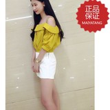 2016夏季新款韩版黄色宽松短袖吊带露肩衬衫女一字领上衣漏肩衬衣