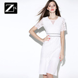 ZK撞色拼接性感蕾丝连衣裙子女装高腰显瘦气质夏装潮2016夏季新款