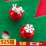 s925纯银红色珍珠耳钉气质韩国防过敏双面雪花小鹿耳饰圣诞礼物女