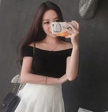 韩国冰丝针织短袖t恤女士紧身短款性感半袖一字领露肩上衣打底衫