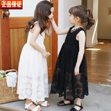 夏季女童蕾丝连衣裙中长款中大童公主裙韩国儿童白色黑色网纱长裙