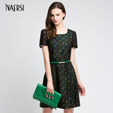 NAERSI/娜尔思连衣裙夏装新款黑色蕾丝连衣裙短袖圆领女装