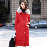 时尚中长款女式韩版羽绒服修身显瘦冬装可脱卸大毛领纯色保暖外套