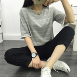 夏季宽松短袖女t恤2016韩版新款女装圆领条纹棉打底衫体恤上衣