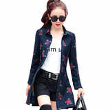 香港春秋新款女装牛仔风衣中长款单排扣外套韩版玫瑰印花修身大衣