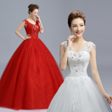 2016春季新款婚纱礼服新娘结婚双肩V领齐地婚纱韩式红色蕾丝修身