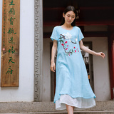 尤瑾2016民族风女装夏大码双层中国风长裙中式复古文艺绣花连衣裙