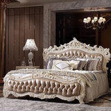 欧式床双人床 1.8米美式婚床 白色实木雕刻真皮床 进口头层牛皮床