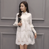 2016韩版春装新品显瘦蕾丝拼接中长款打底衬衫女士连衣裙