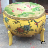 创意中国风田园手彩绘牛皮实木鼓凳茶几凳做旧实木矮凳梳妆凳大鼓
