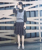 2015秋冬新款韩版甜美波点长袖连衣裙中长款+针织羊绒背心套装女