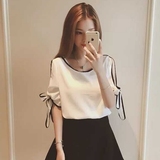 短袖修身单件树脂固色蝴蝶结3D常规18-24周岁女装蕾丝衫雪纺衫
