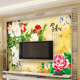 中式富贵牡丹花鸟大型壁画3D壁纸客厅卧室电视背景墙立体无缝壁纸