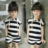 童装女童套装2016夏季新品3韩版4黑白条纹5岁宝宝短袖短裤两件套
