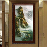 风景油画中式玄关画竖版办公室装饰画书房挂画有框新古典山水壁画