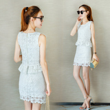2016夏季新款韩版小香风时尚显瘦蕾丝套装裙连衣裙包臀裙两件套女