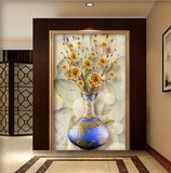3D花瓶金色玫瑰玉石玄关壁画壁纸走廊过道背景墙纸无缝整张真丝布