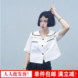 韩版女装夏季小清新复古短款海军领短袖衬衫宽松休闲学生上衣衬衣