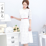 白色蕾丝连衣裙 中长款2016夏季品牌女装新款女裙子 韩版时尚长裙