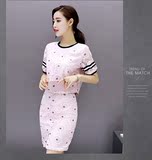 2016夏装新款时尚短袖蕾丝包裙套装两件套韩版显瘦性感开叉半身裙