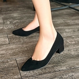 羊皮真皮黑色工作鞋OL女鞋优雅V口尖头单鞋舒适中跟粗跟浅口单鞋