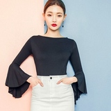 chuu韩国女装代购16春季韩版性感修身紧身荷叶袖纯色百搭长袖T恤