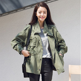 韩国代购2016春季新款休闲宽松抽绳收腰军绿色工装外套短款风衣女
