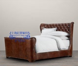 美式实木双人软包床 欧式婚床1.8米做旧复古油蜡皮床储物双人软床