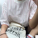 2016韩国ulzzang夏装原宿BF风宽松条纹学生短袖T恤女中长款体恤潮