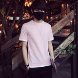 潮男假两件T恤韩版粉色t恤男纯棉小清新短袖体恤夏季圆领青年半袖