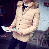 冬装日系青年棉衣男中长款加厚羽绒棉服脱卸连帽纯色韩版男士外套