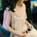 2016春夏甜美学院风纯色女T恤吊带透视镂空蕾丝连衣裙两件套套装