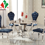 不锈钢圆形餐桌椅组合 大理石钢化玻璃面后现代简约创意吃饭桌子