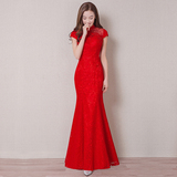 新娘敬酒服旗袍长款红色结婚礼服女中式回门服蕾丝连衣裙2016新款