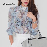 CRYSTALSHOP春秋新款唯美印花衬衫女韩版中长款套头长袖直筒衬