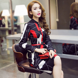 2016春装新款女子韩版修身显瘦中长款印花打底裙长袖针织连衣裙潮