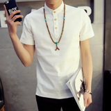 夏季韩版男装棉麻衬衫男士衬衣休闲寸衫修身纯色立领男短袖衬衫潮