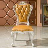 欧式高档餐椅法式象牙白全实木雕花真皮橡木框架客厅餐桌靠背椅子