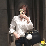 Yansae韩国代购淑女甜美长袖衬衫V领荷叶边修身衬衫T恤